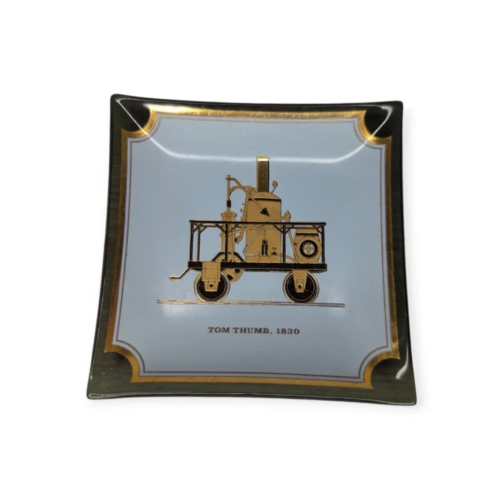 Vintage Houze Art Curved Glass Trays w/ Locomotives Train Railroad 3.5